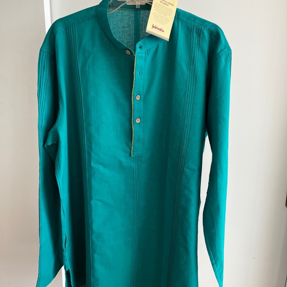 NWT FABINDIA Men's short Nehru Kurta Turquoise Teal Blue Woven 100% Cotton Large